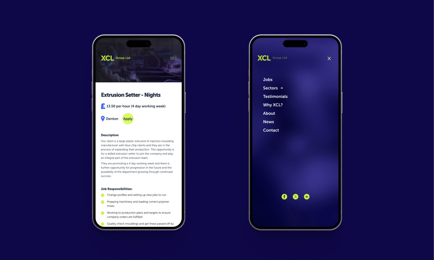XCL website and navigation on iPhone